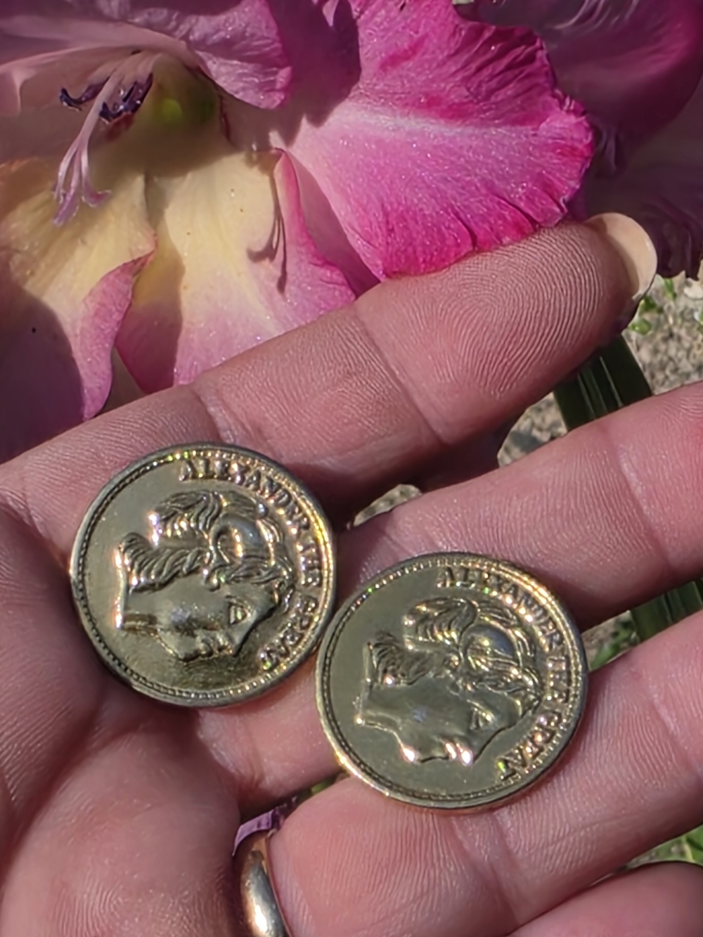 Vintage Alexander The Great Gold Coin Motif Clip On Earrings